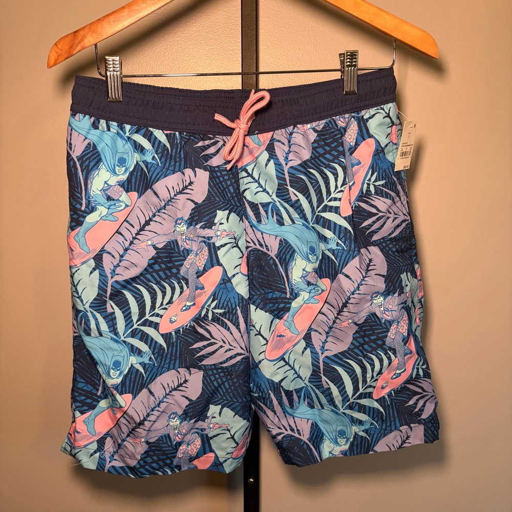 Men's BATMAN Dark Blue Pink Surfing Print Swim‎ Trunks S